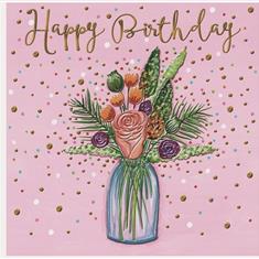 Happy Birthday Flowers In Glass Vase Card